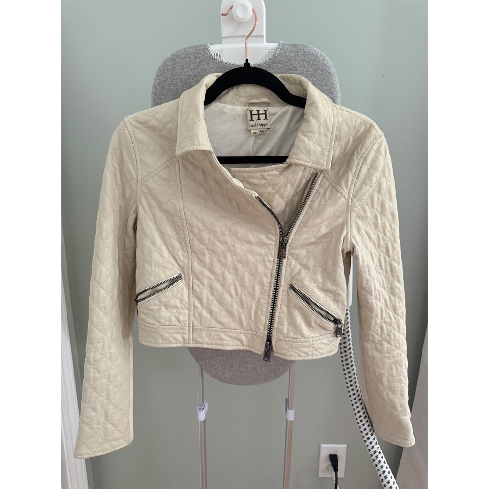 Haute Hippie Ivory 100% Lamb Leather Quilted Moto Jacket Cropped Biker XS